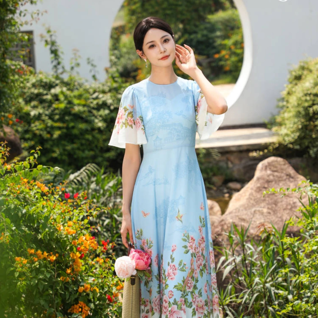 SUSSI/古色【兰亭序】蓝度假风收腰中国风印花度假穿搭连衣裙女装