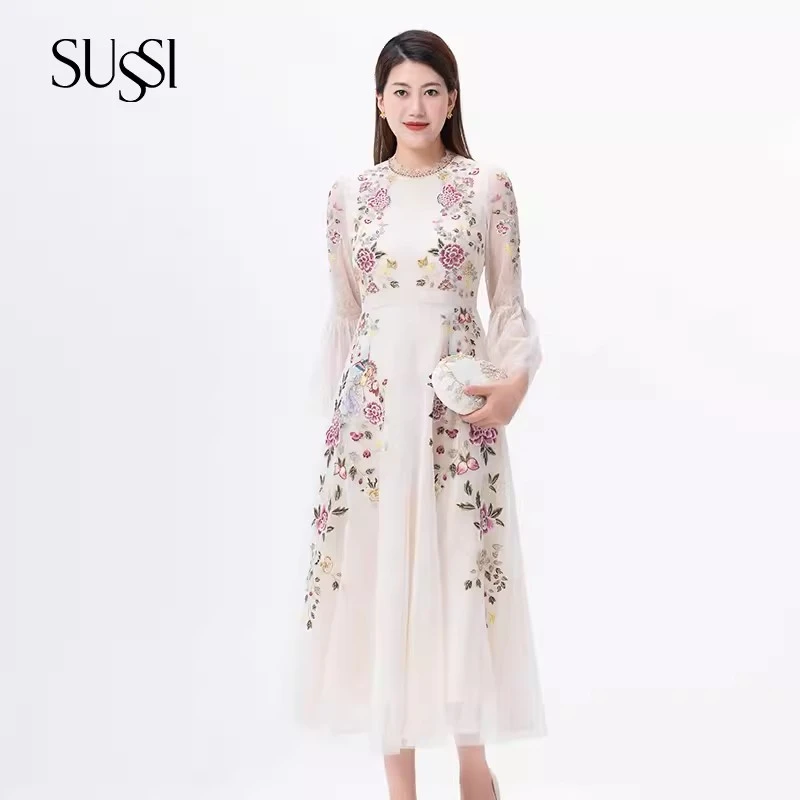 SUSSI/古色【月下花眠】喇叭袖刺绣重工高定宫廷风优雅气质连衣裙