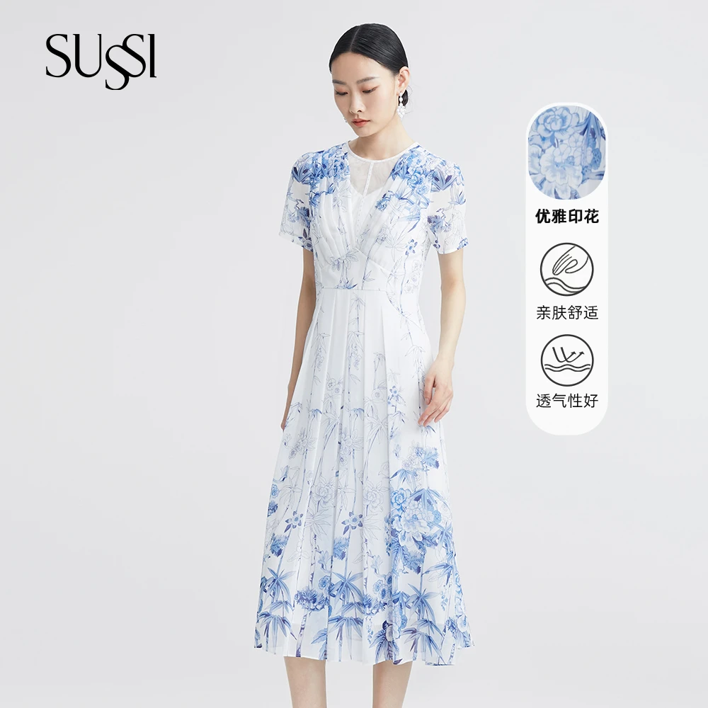 SUSSI/古色【青花瓷】圆领泡泡短袖褶摆印花连衣裙蓝色夏季亲肤优雅