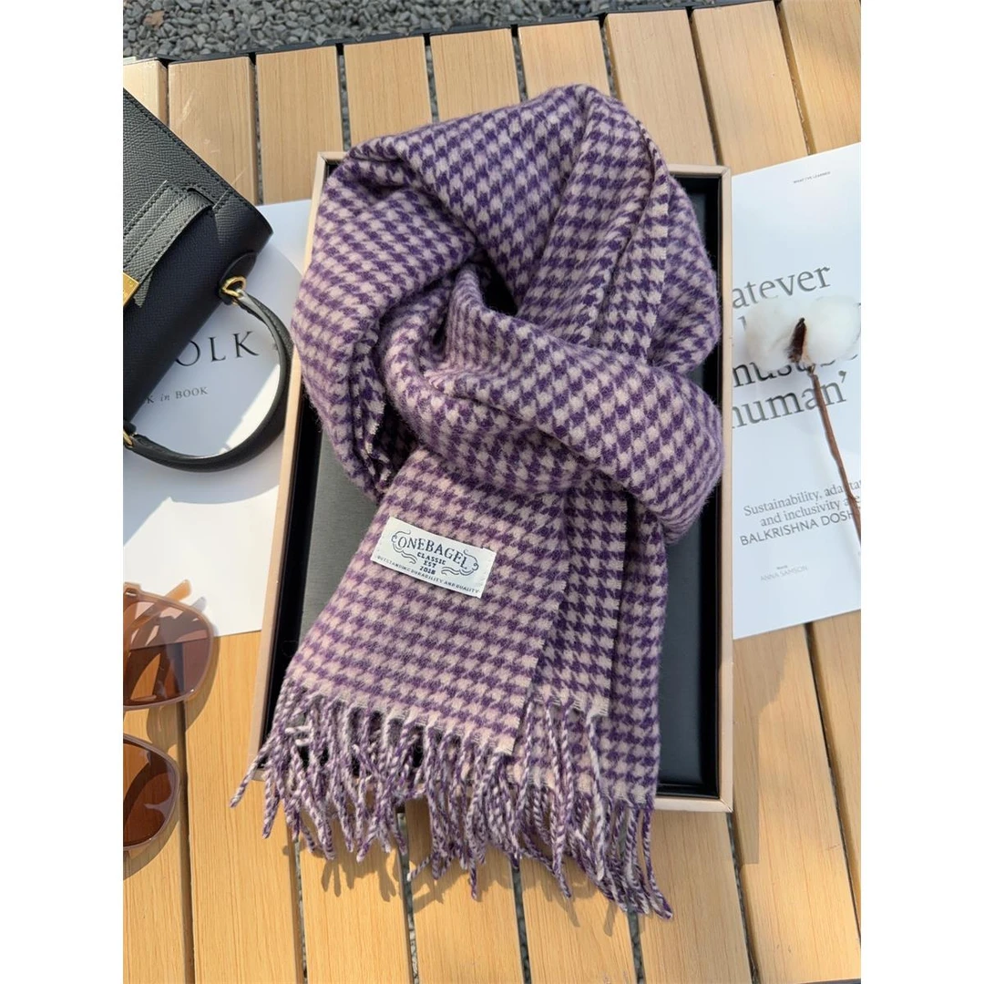 Miss both复古千鸟格围巾女秋冬季百搭高级感窄版披肩保暖围脖ins