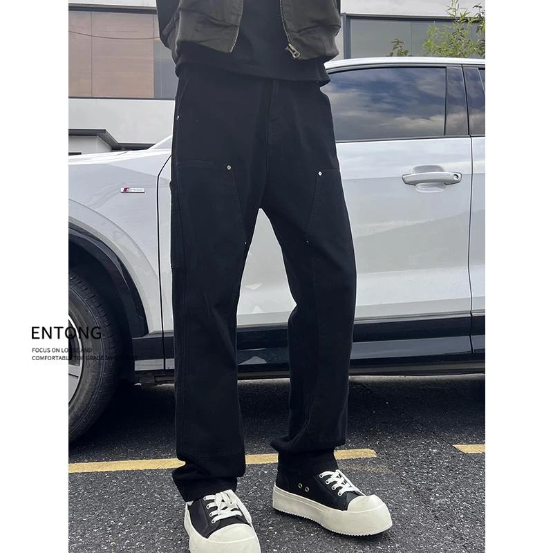 Entong复古美式高街vibe工装牛仔裤男百搭cleanfit双膝铆钉伐木裤