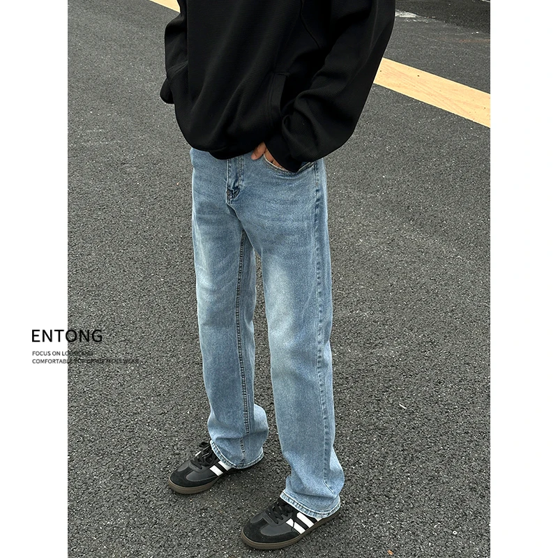 Entong高街美式vibe水洗微喇浅蓝百搭牛仔裤男宽松直筒复古长裤子