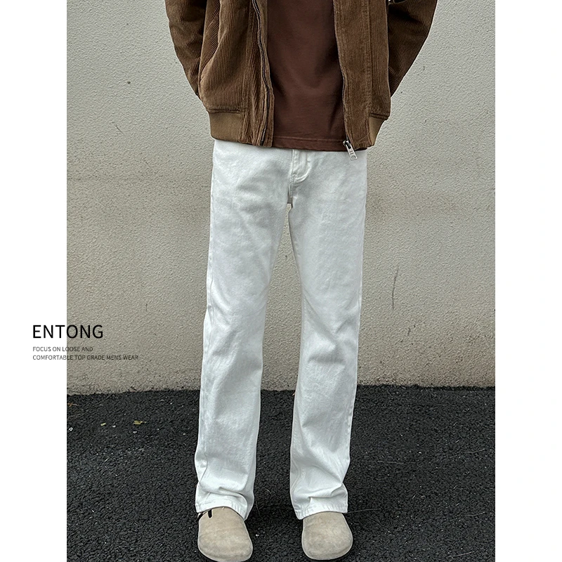 Entong美式修身微喇纯白牛仔裤男炸街潮牌显瘦高级感高街vibe直筒