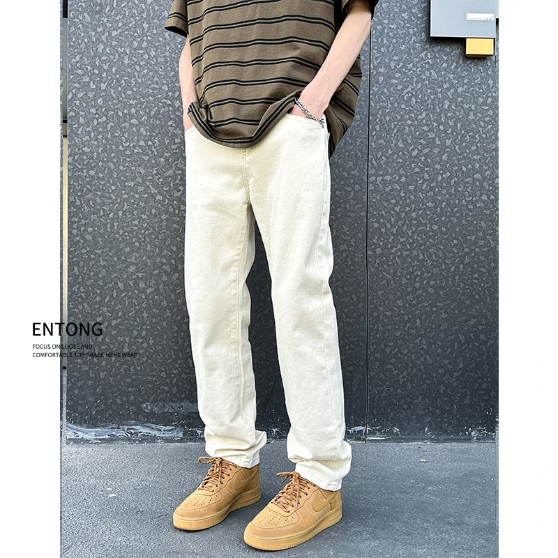 Entong美式高街vibe杏色直筒牛仔裤男款潮牌cleanfit阔腿微喇长裤