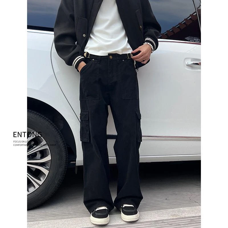 Entong美式复古宽松百搭多口袋设计微喇牛仔裤男街头vibe工装裤子