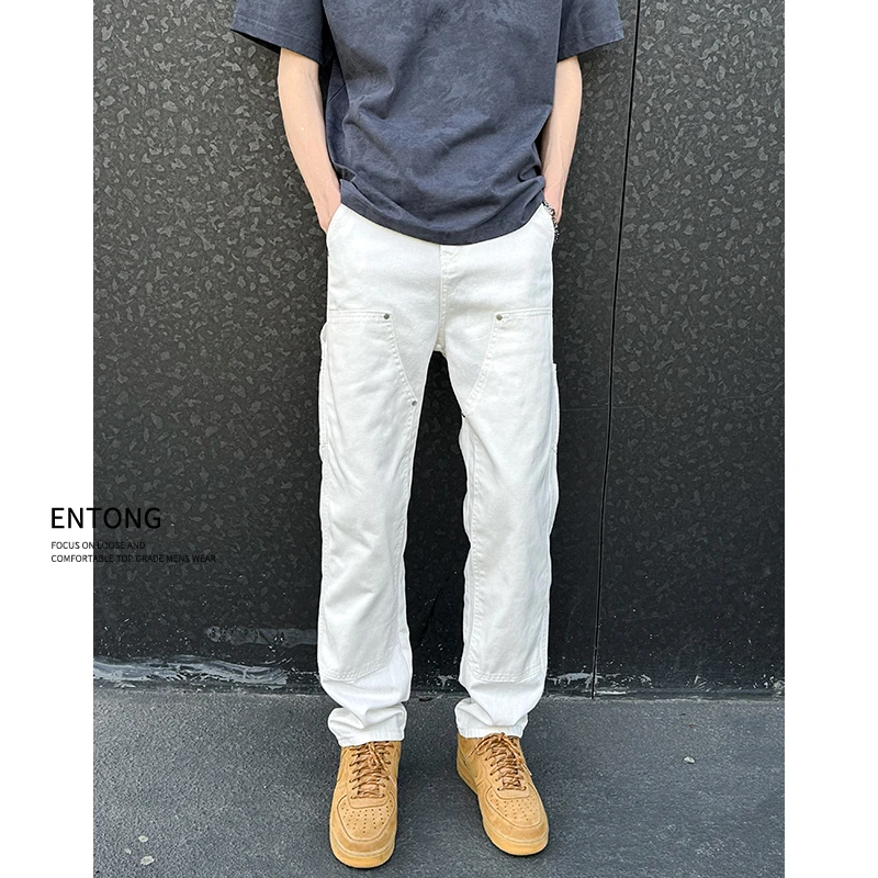 Entong白色直筒伐木牛仔男款宽松直筒裤休闲春秋潮流百搭薄款裤子