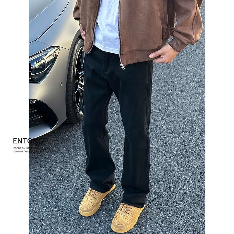 Entong美式高街vibe基础黑色牛仔裤男款潮牌百搭炸街微喇叭裤子男