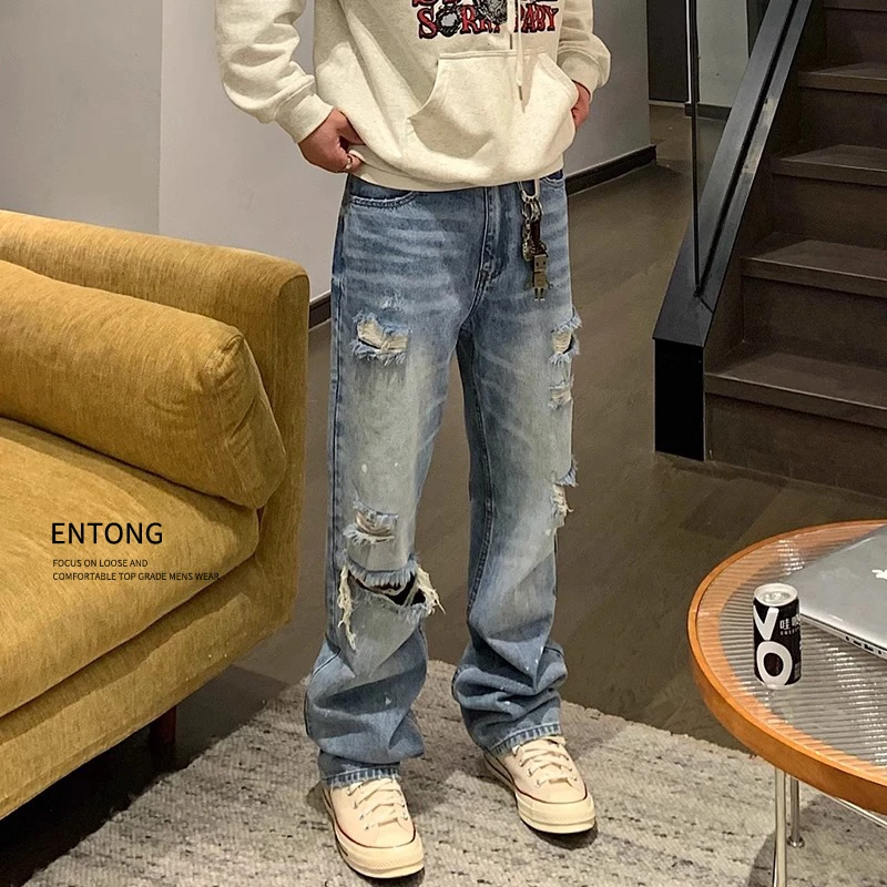 Entong美式高街复古水洗设计感浅色直筒破洞牛仔裤男宽松百搭裤子