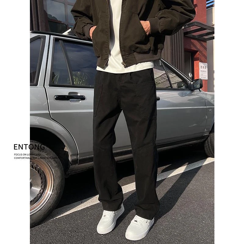 Entong休闲工装裤vibe百搭宽松大口袋直筒伐木裤美式立体裁剪裤子