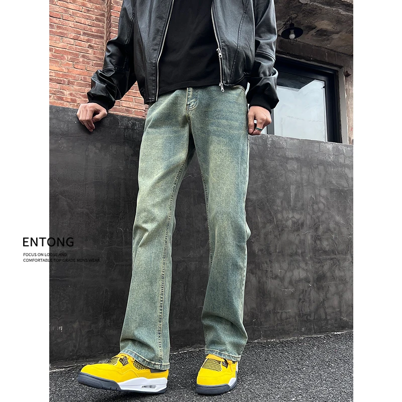 Entong美式微喇复古蓝男士牛仔裤男高街做旧水洗vibe直筒百搭裤子