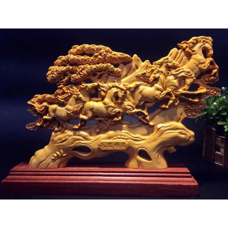 太行崖柏木雕八骏马屏风工艺品家居摆件23-18-5