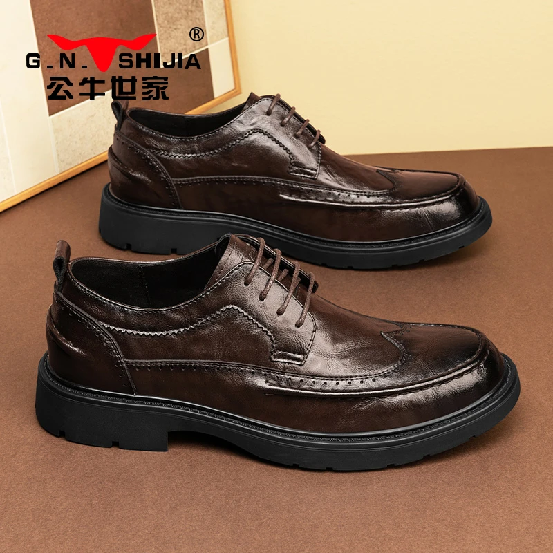 公牛世家春季商务皮鞋厚底西装百搭潮鞋青少年英伦风复古皮靴
