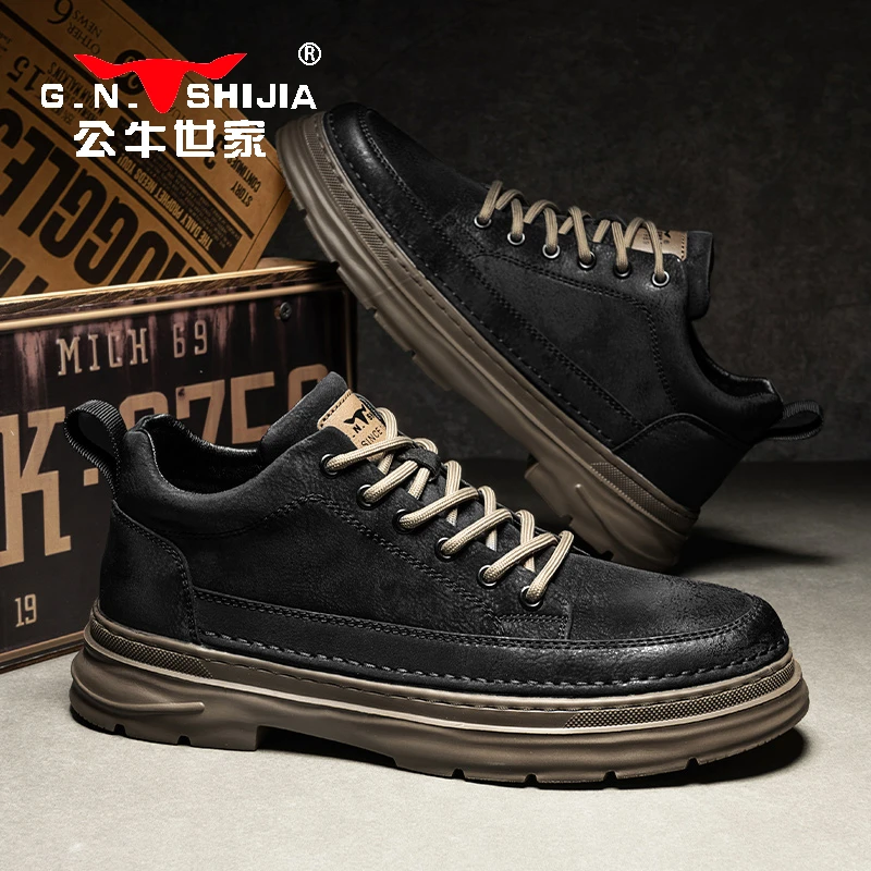 公牛世家男鞋休闲鞋春季新款黑色厚底增高板鞋男中帮工装英伦皮鞋