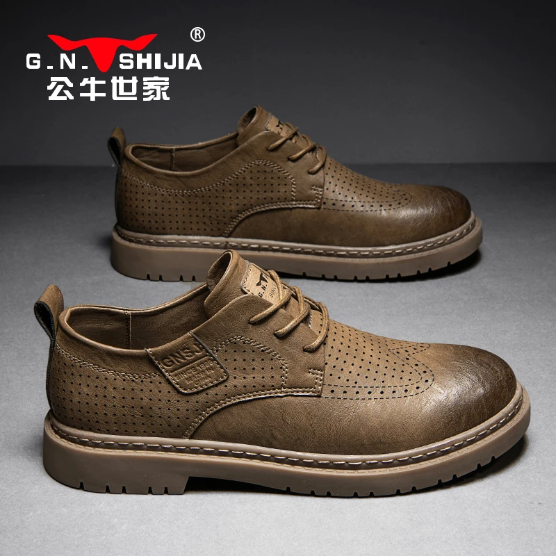 黄公牛世家透气皮鞋款软底时尚休闲鞋子镂空复古感马丁靴