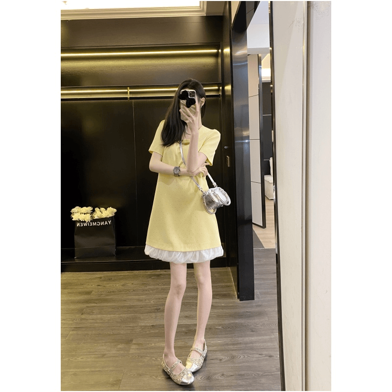 法式小香风气质花苞裙2024夏季高端重工亮钻小个子短款连衣裙-志