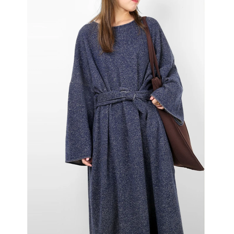 润帛 重磅加厚宽松系带连衣裙女 针织羊绒保暖流浪风立体剪裁裙子