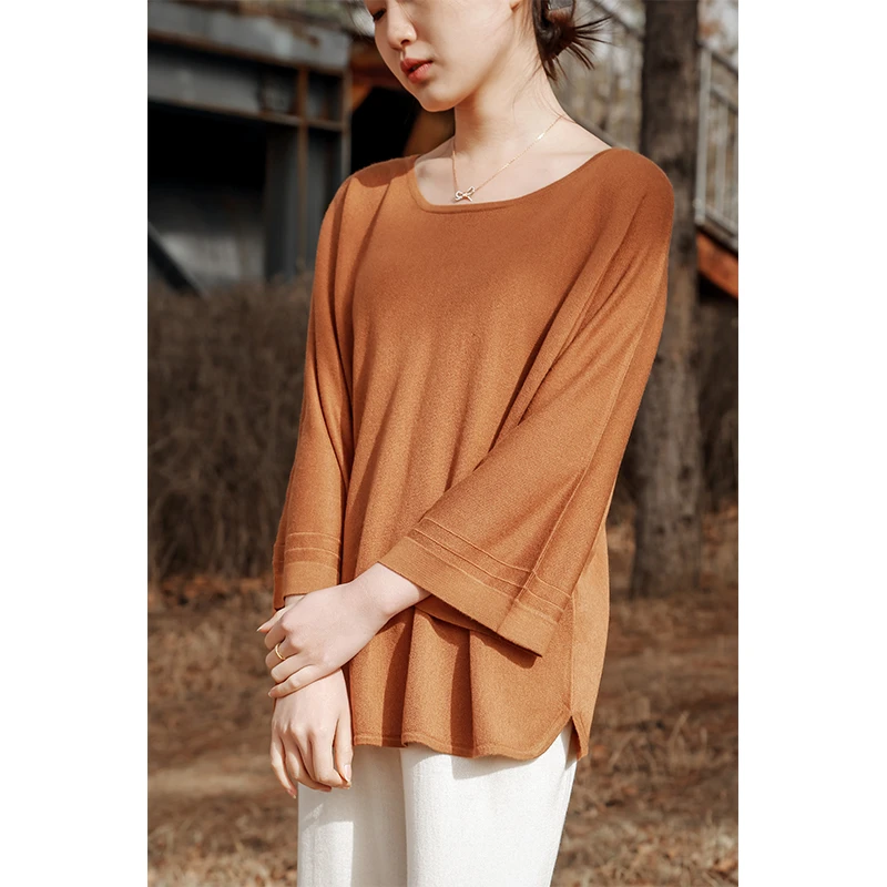 润帛 蝙蝠九分袖上衣女 宽松百搭圆领显瘦春夏季薄款套衫