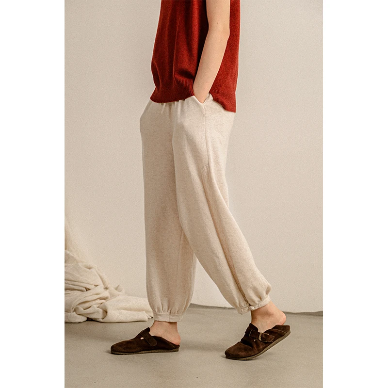 润帛 针织羊绒中国风盘扣镂空束脚卫裤 轻盈休闲宽松哈伦裤女秋冬