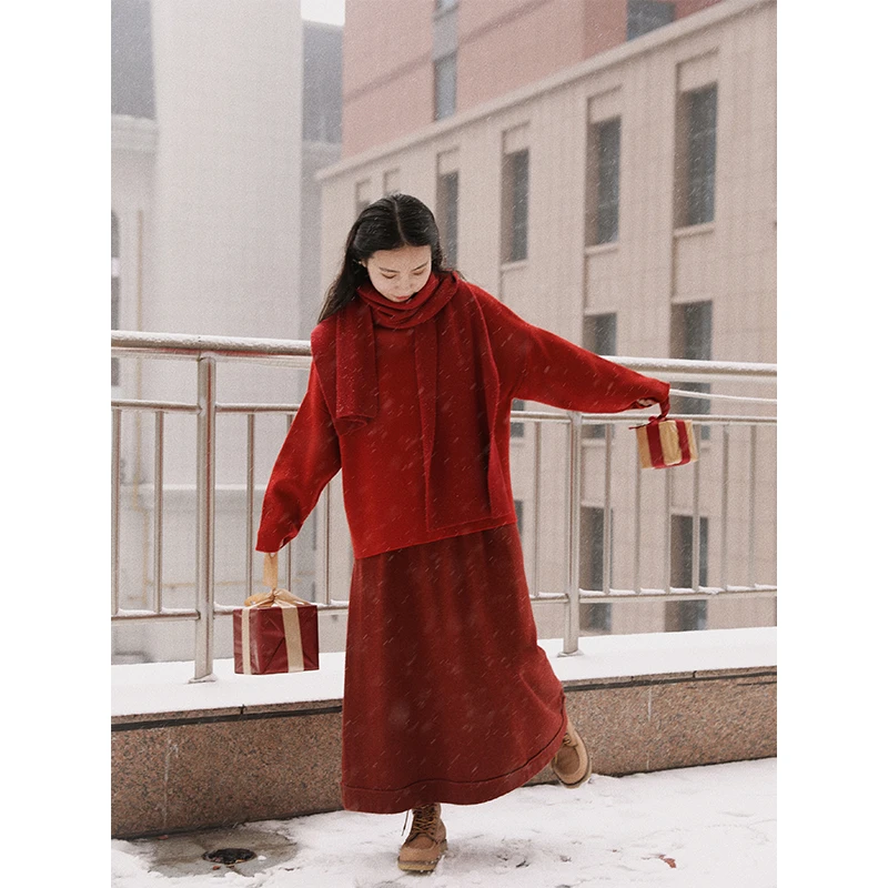 润帛 慵懒风山羊绒衫半高领红色上衣 加厚保暖宽松针织套头衫女子