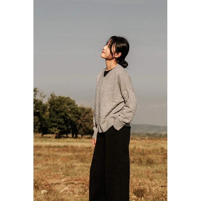 润帛【刻栩】原创设计款提花横条纹针织羊绒双拉链外套女时尚百