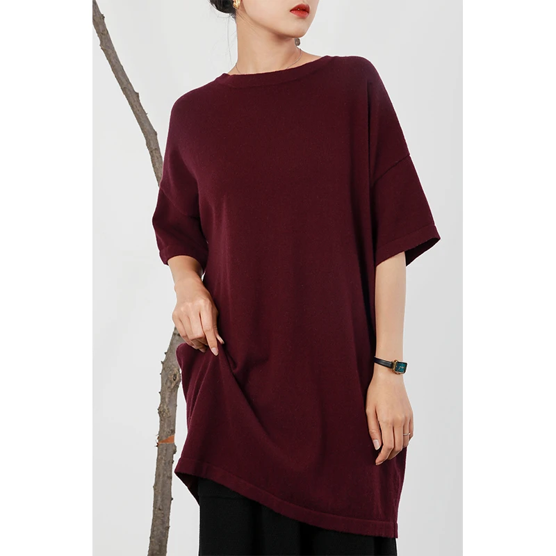 Runbo/润帛针织羊绒简约文艺风流畅剪裁圆领五分宽袖中长款套头衫