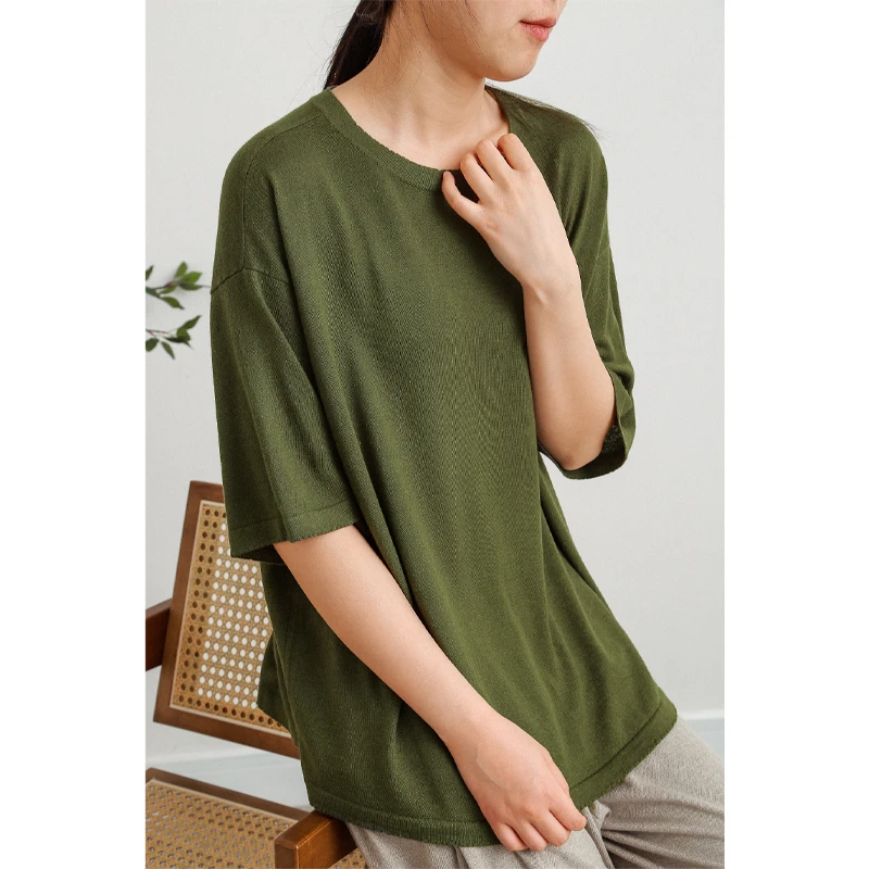 针织破边圆领宽松半袖套衫纯色春夏时尚薄款