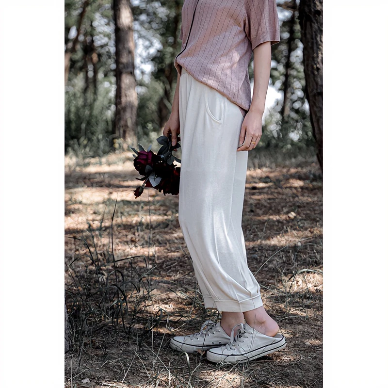 润帛 针织百搭双兜九分萝卜裤女薄款 宽松显瘦灯笼裤夏季