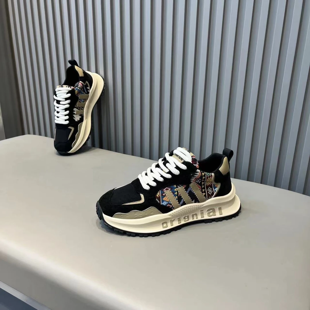 2024秋季新款男士时尚潮流花布拼接面休闲鞋轻奢百搭拼色厚底潮鞋