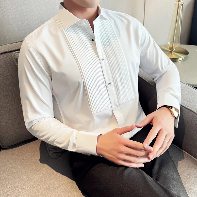正品高档男士塔士多长袖衬衫 法式袖扣新郎伴郎结婚褶皱礼服衬衣