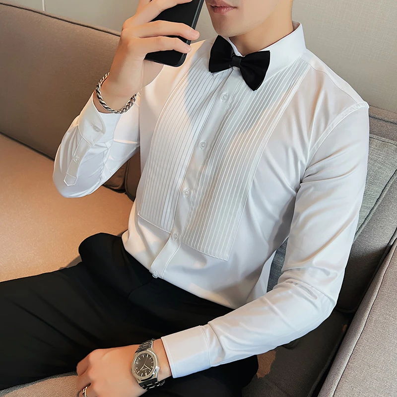 高品质面料音乐会衬衫男士轻奢褶皱法式新郎伴郎结婚礼服演出衬衣
