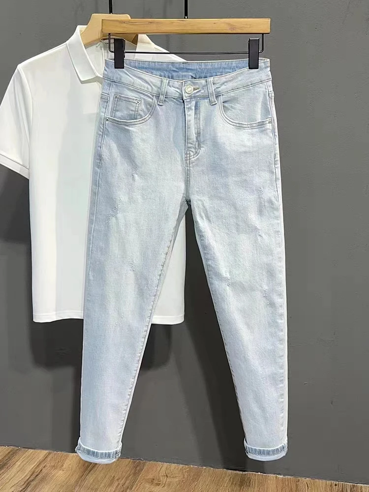 秋季新款水洗浅蓝九分牛仔裤男潮牌百搭帅气小脚9分裤裤男生韩版