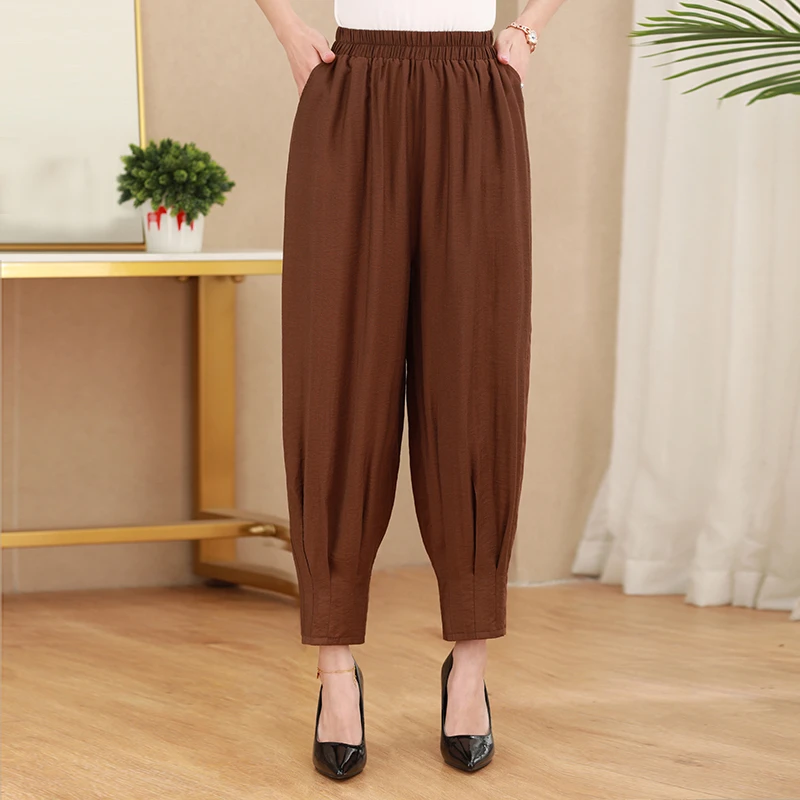 棉麻九分裤女士大码休闲裤松紧高腰灯笼裤民族风夏季薄款防蚊裤