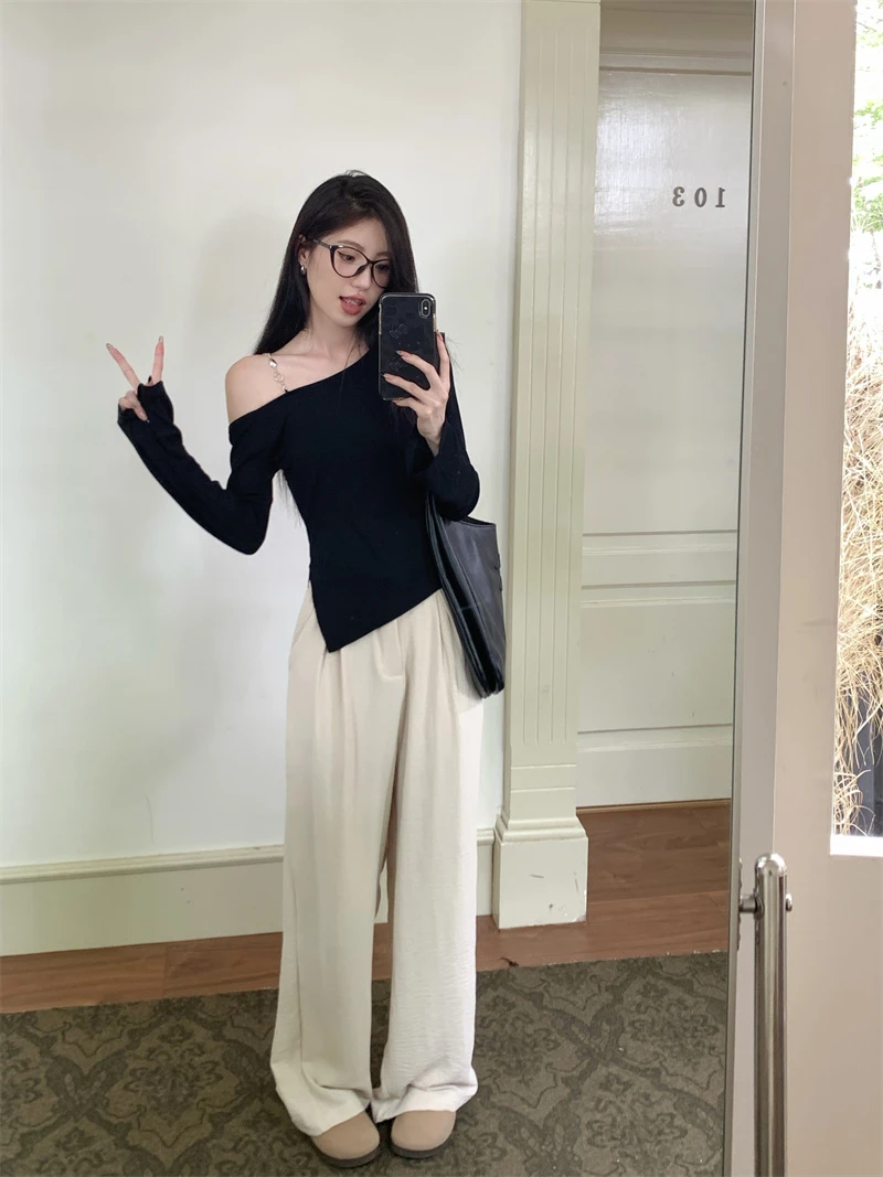 百搭斜肩上衣不规则黑色秋季显瘦上衣辣妹纯色链条长袖打底衫T恤