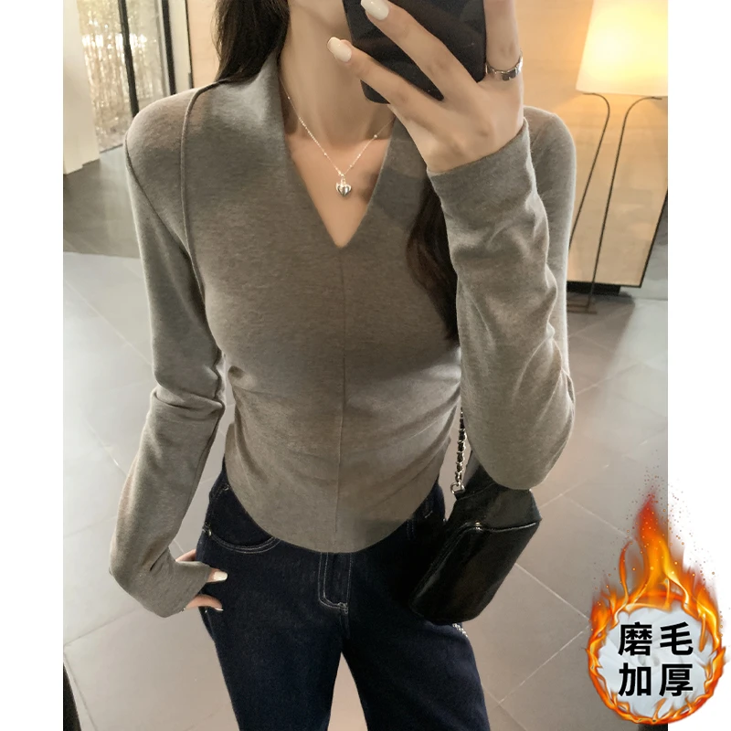 纯欲辣妹性感羊绒磨毛打底衫女秋冬修身内搭紧身显瘦鱼骨加绒上衣