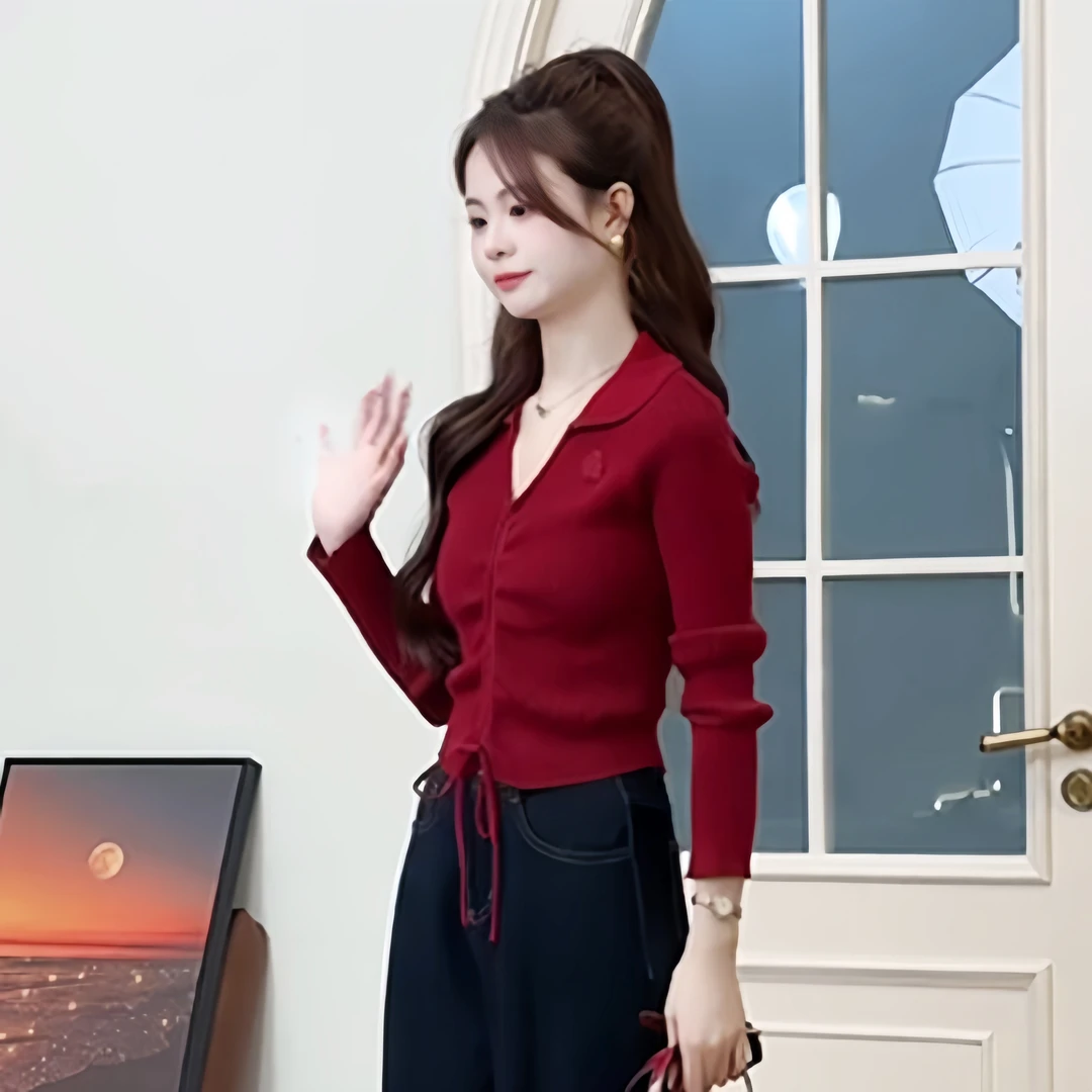 秋装新款安可拉红v领抽绳针织衫女气质显瘦内搭打底衫长袖上衣潮