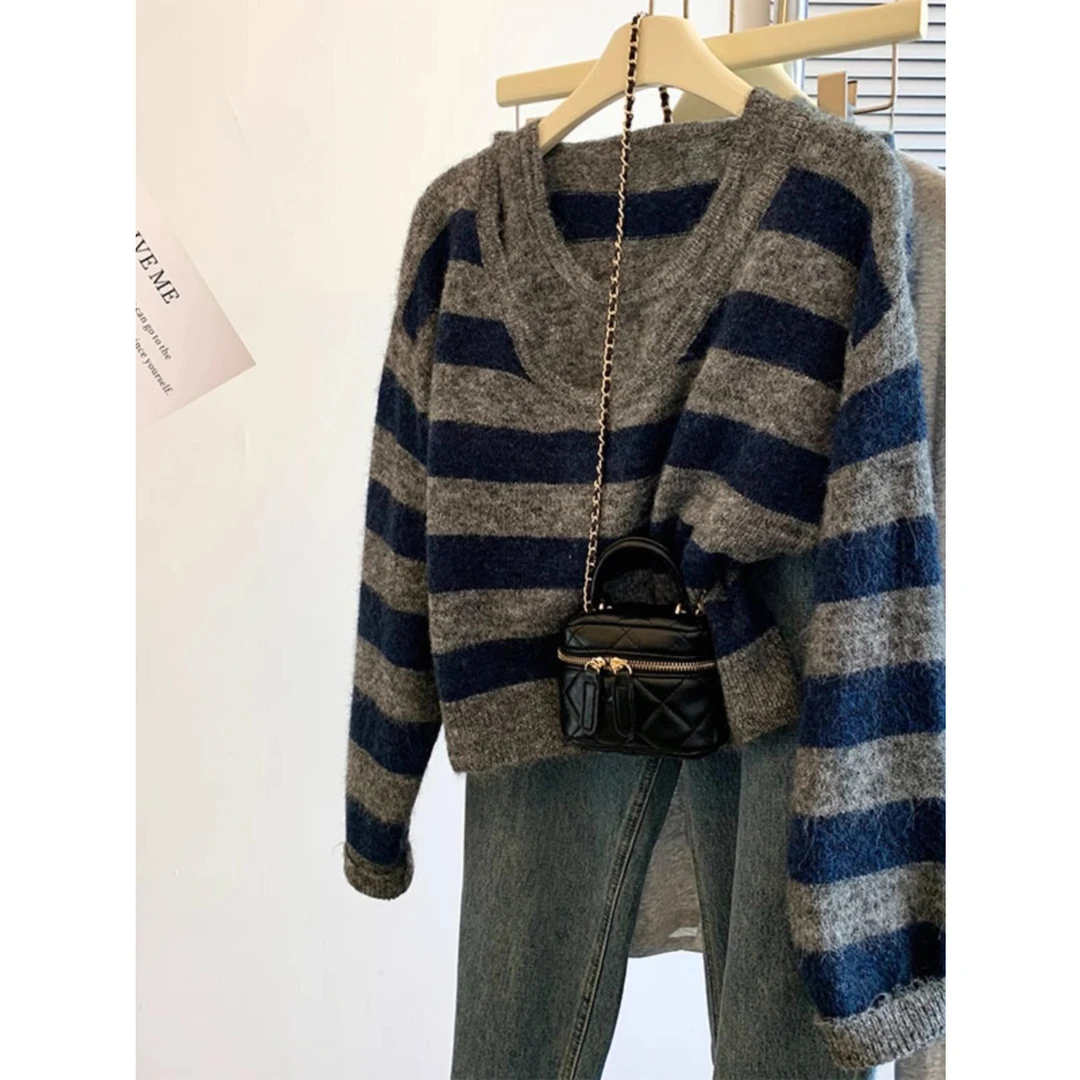 设计感软糯假两件条纹背心拼接毛衣秋冬新款百搭套头长袖针织上衣