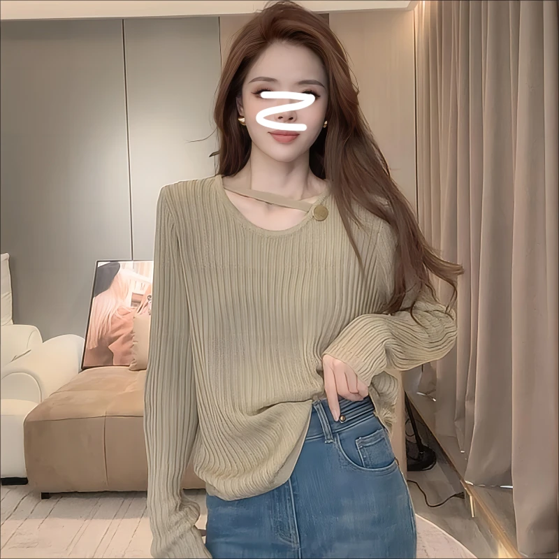 韩系小心机镂空露锁骨针织衫女长袖上衣秋装新款时尚洋气打底毛衣