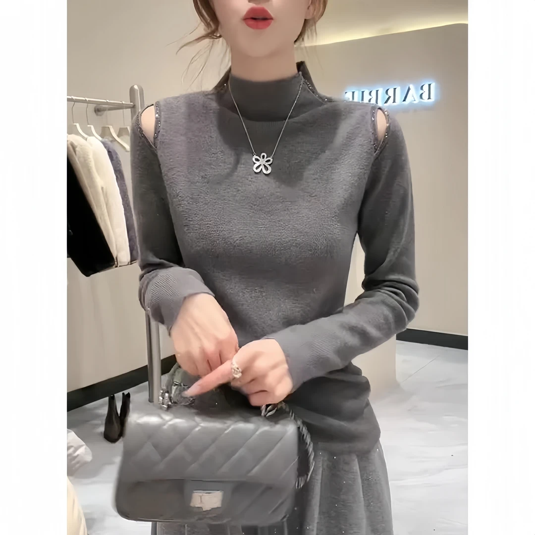高级感半高领镶钻露肩打底针织衫女秋冬新款修身显瘦内搭毛衣上衣