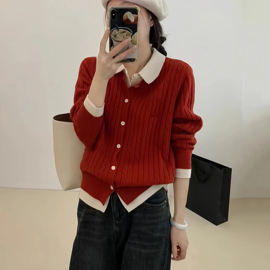秋季polo领新款长袖毛衣女红色时尚假两件针织开衫显瘦打底衫上衣