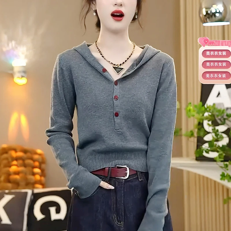秋季新款长袖短款连帽针织衫女韩版洋气小个子显瘦打底毛衣上衣潮