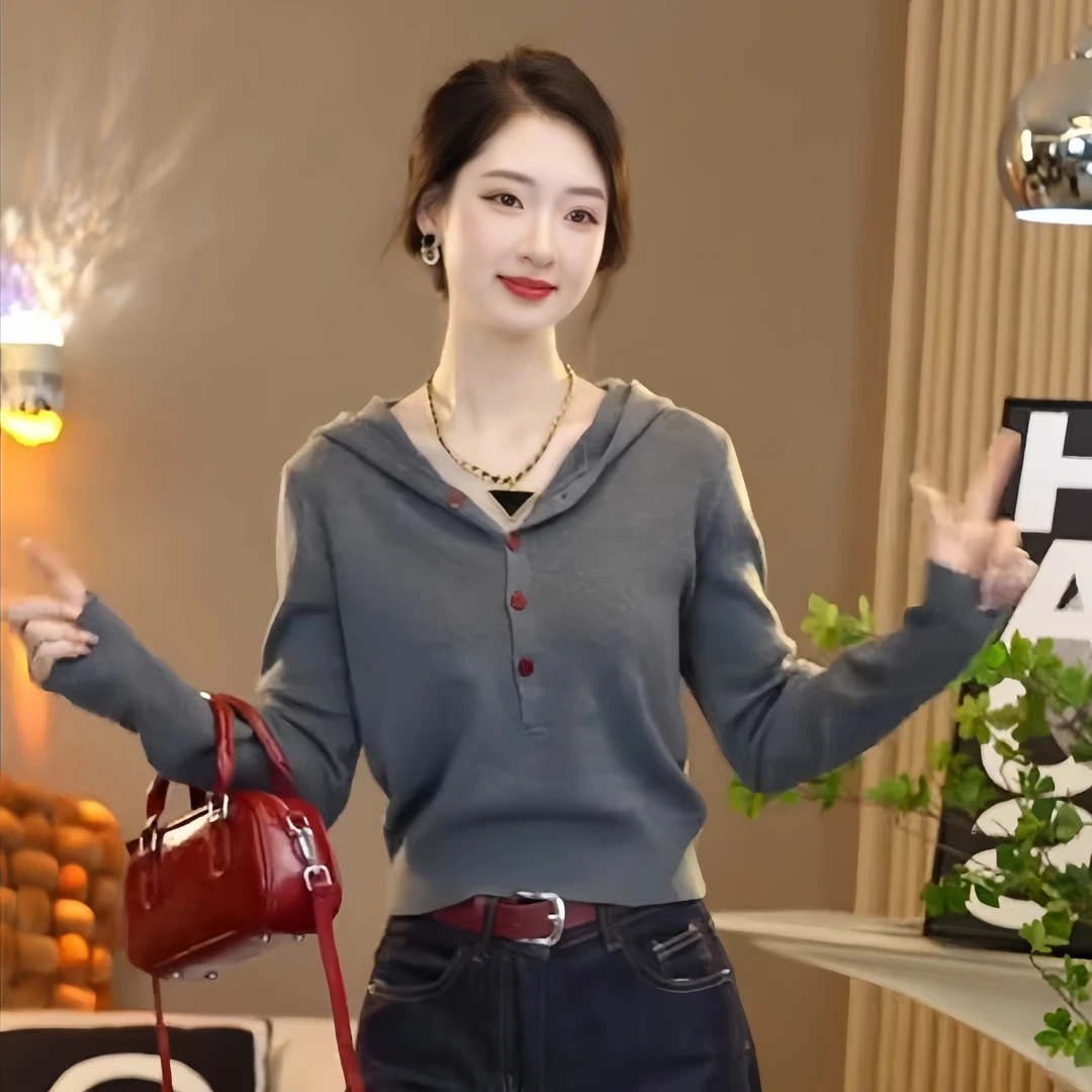 韩版小个子短款连帽长袖针织衫女秋季新款百搭套头毛衣打底衫上衣