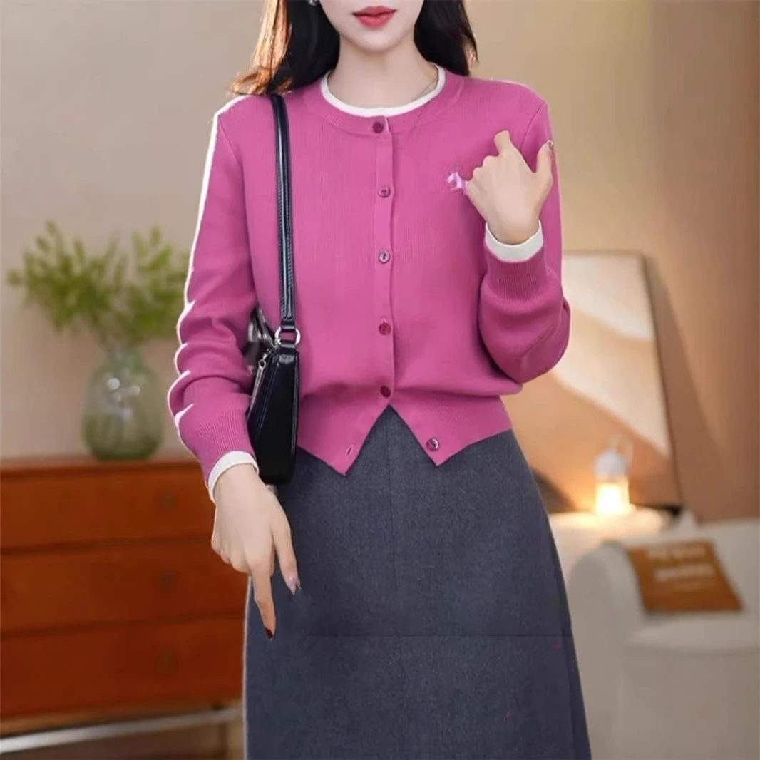 秋冬新款圆领假两件拼接针织开衫女时尚显瘦长袖单排扣毛衣上衣潮