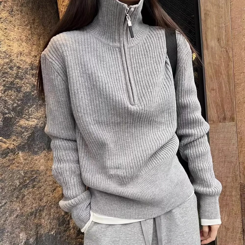 秋冬新款半拉链高领坑条长袖毛衣韩版显瘦内搭针织衫套头外穿上衣