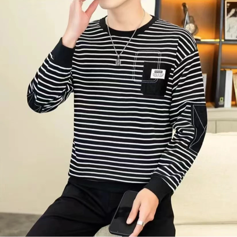 秋冬男士新品潮流时尚百搭青春圆领长袖休闲经典条纹卫衣宽松