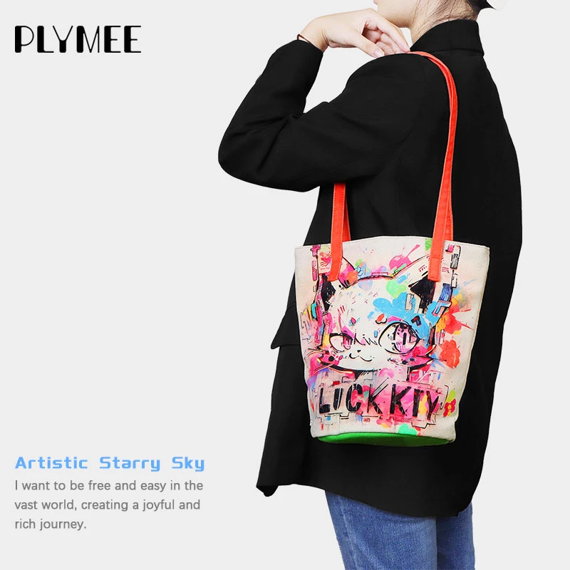 PLYMEE水桶包2024新款时尚潮流艺术风格单肩包小众大容量涂鸦漫画