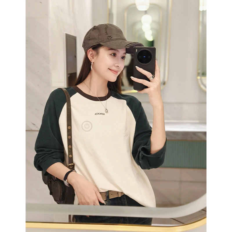 美洋MEIYANG 填色长袖T 舒服到炸！云朵密斯绒撞色圆领绣花上衣