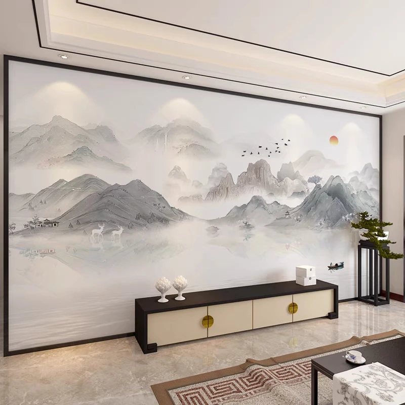 墙纸定制中式3d立体水墨山水电视背景墙壁纸客厅壁布卧室墙布壁画