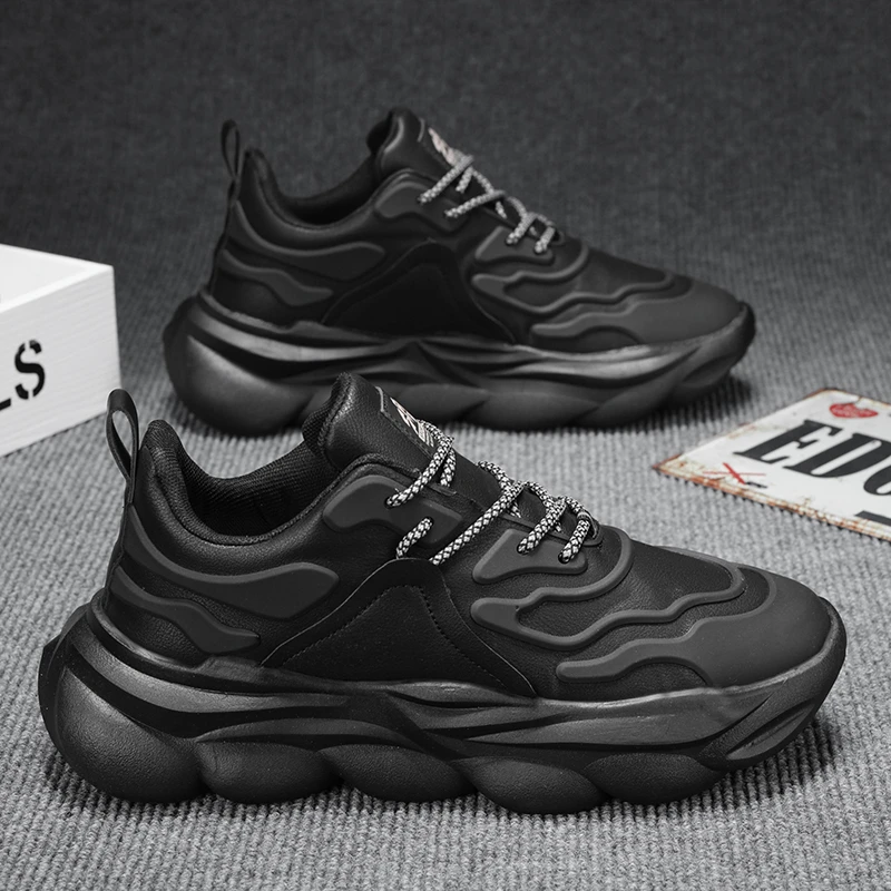 黑色老爹鞋男防水厚底皮面秋冬保暖潮流冬季加绒大码46运动休闲鞋