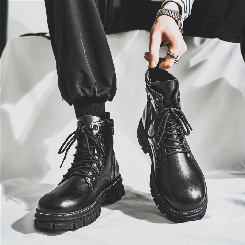 高帮马丁靴男厚底侧拉链英伦风百搭潮流2023新款秋季增高港风黑色