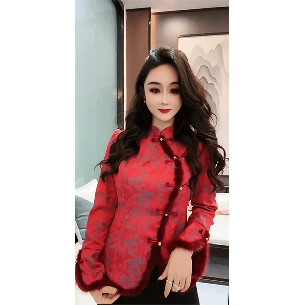 复古国风立领唐装盘扣长袖上衣新中式新年战袍红色毛毛拼接上衣